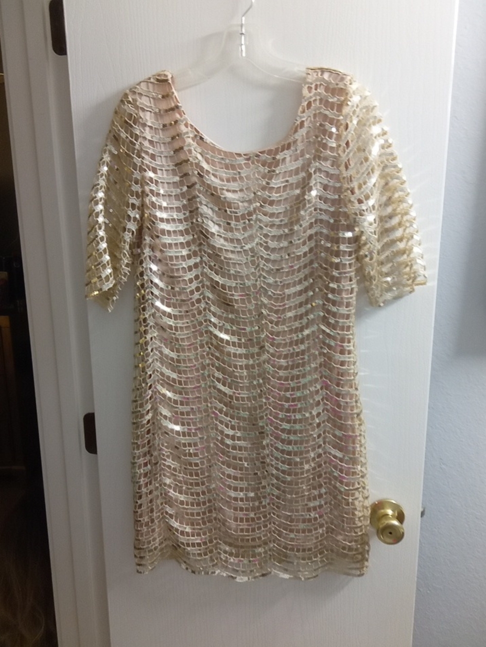 Gold Sequin Mesh Short Sleeve Dress - Women's